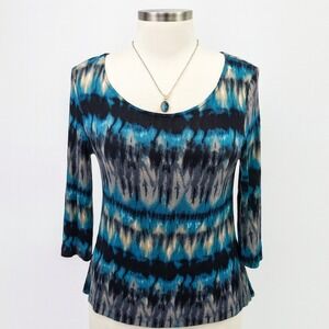 Shanley Womens S Blue Black Abstract Print High Low‎ 3/4 Sleeve Blouse USA